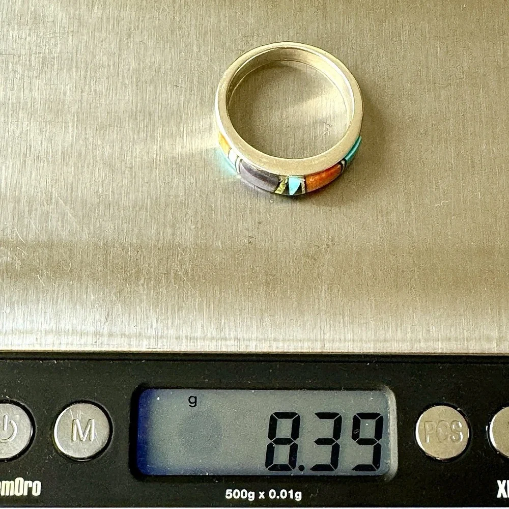Navajo Inlay Turquoise Opal Multi Wedding Band Ring Sz 11 9mm Mens Signed AT